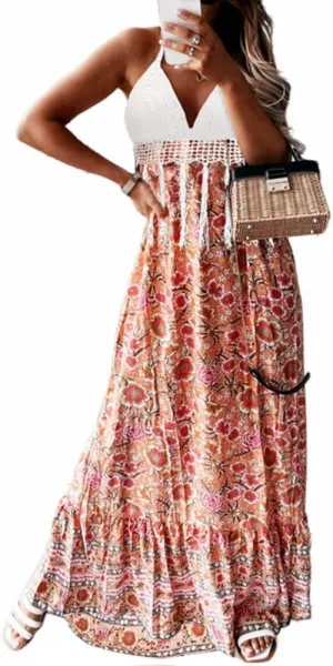 Women's Halter Floral Dresses Lace Crochet Open Back Empire Waist A-Line Summer Beach Maxi Dress