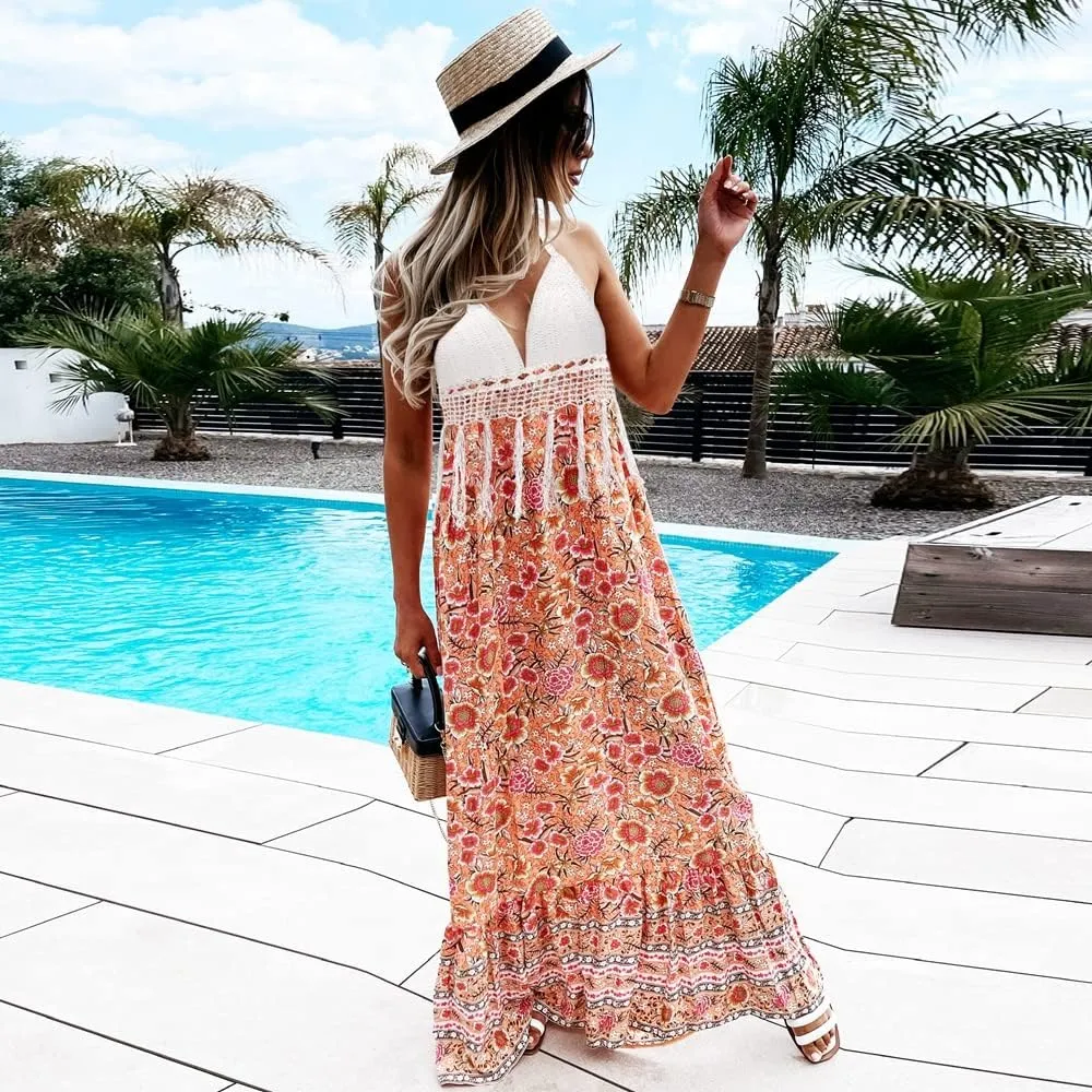 Women's Halter Floral Dresses Lace Crochet Open Back Empire Waist A-Line Summer Beach Maxi Dress