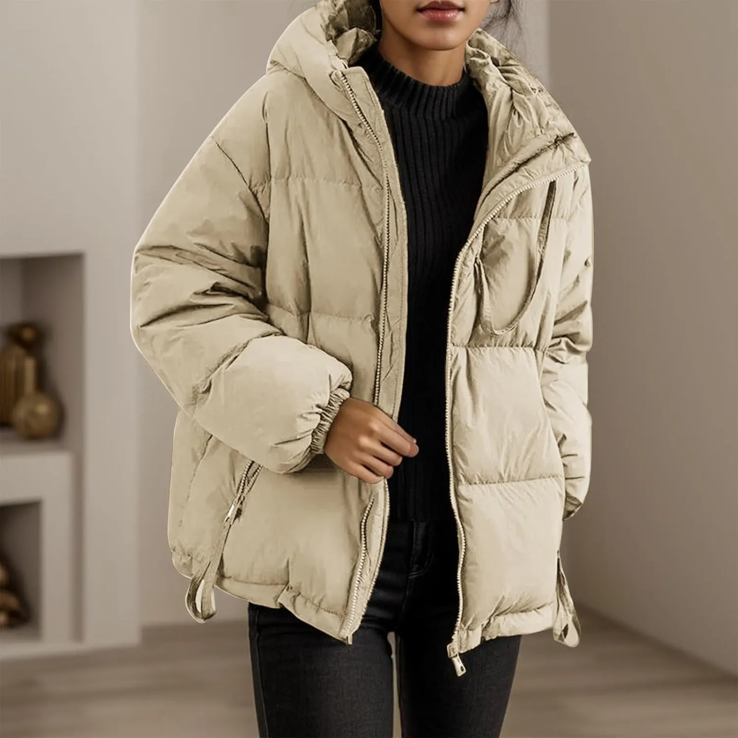 Womens Hooded Puffer Jacket Oversized Quilted Down Coat Lightweight Water Resistant Casual Outerwear for Warm Winter