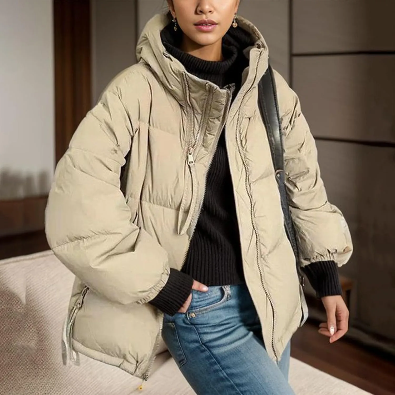Womens Hooded Puffer Jacket Oversized Quilted Down Coat Lightweight Water Resistant Casual Outerwear for Warm Winter