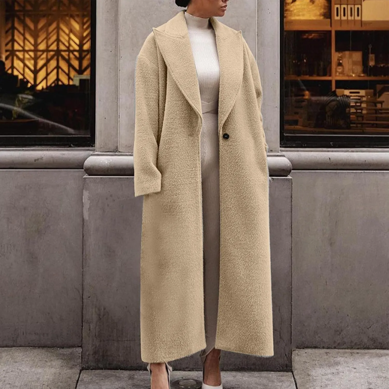 Women's Lapel Long Pea Coats Wool Blend Business Casual Trench Coats Long Sleeve Open Front Button Up Dressy Jackets