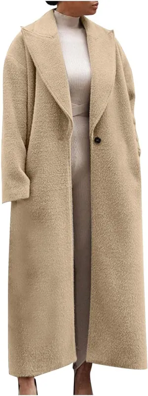 Women's Lapel Long Pea Coats Wool Blend Business Casual Trench Coats Long Sleeve Open Front Button Up Dressy Jackets