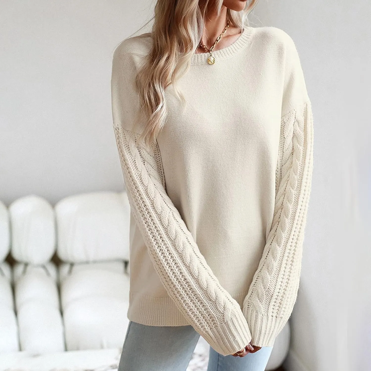 Women's Long Sleeve Crew Neck Sweater Solid Color Cable Knit Chunky Casual Oversized 2024 Fall Pullover Sweater Tops