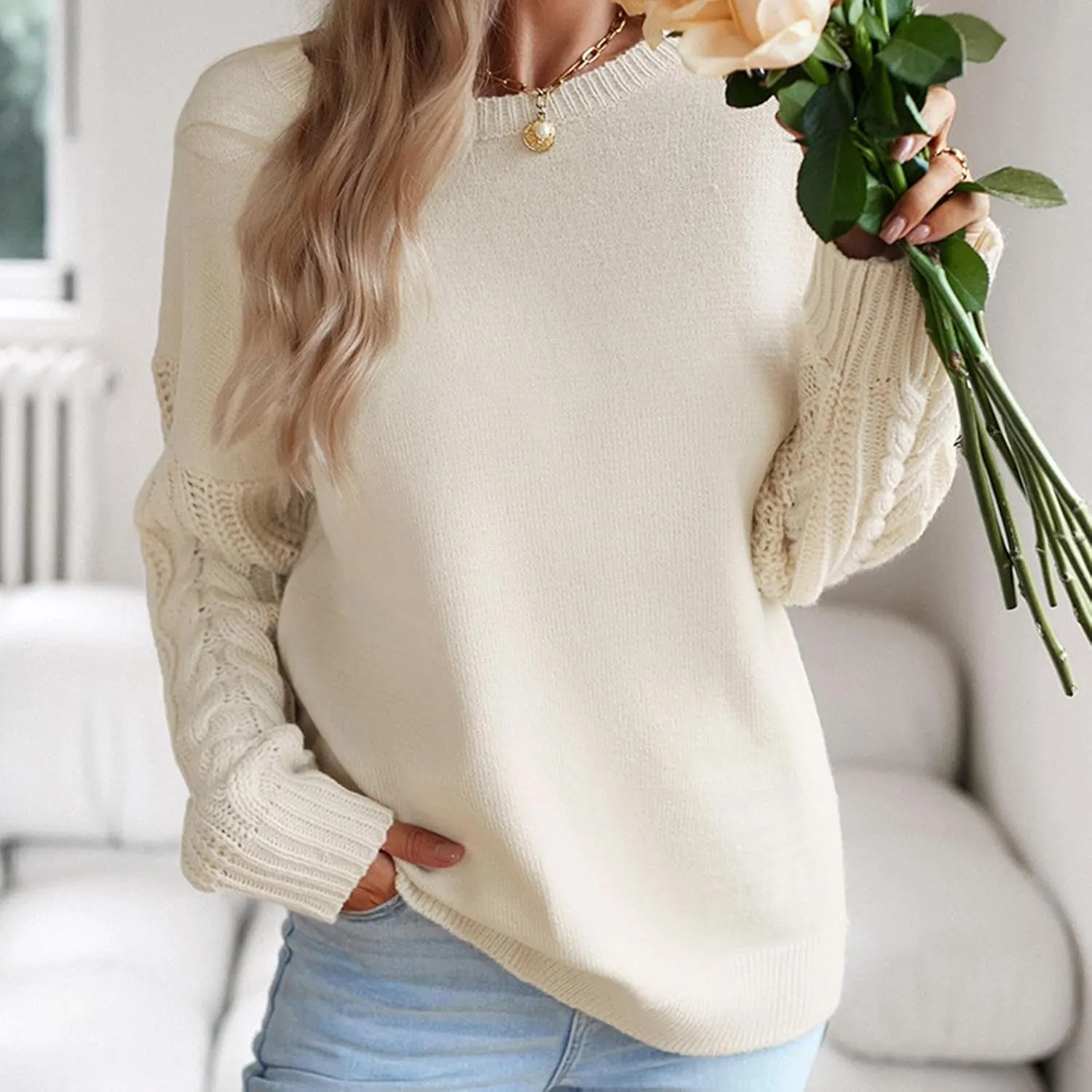 Women's Long Sleeve Crew Neck Sweater Solid Color Cable Knit Chunky Casual Oversized 2024 Fall Pullover Sweater Tops