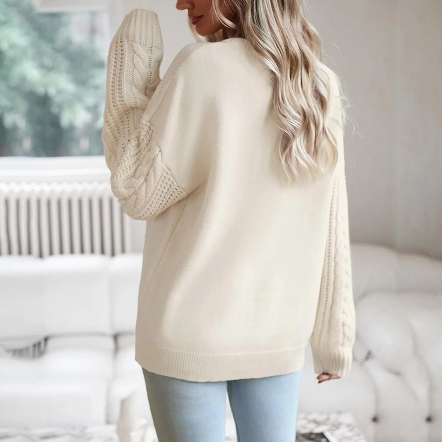 Women's Long Sleeve Crew Neck Sweater Solid Color Cable Knit Chunky Casual Oversized 2024 Fall Pullover Sweater Tops