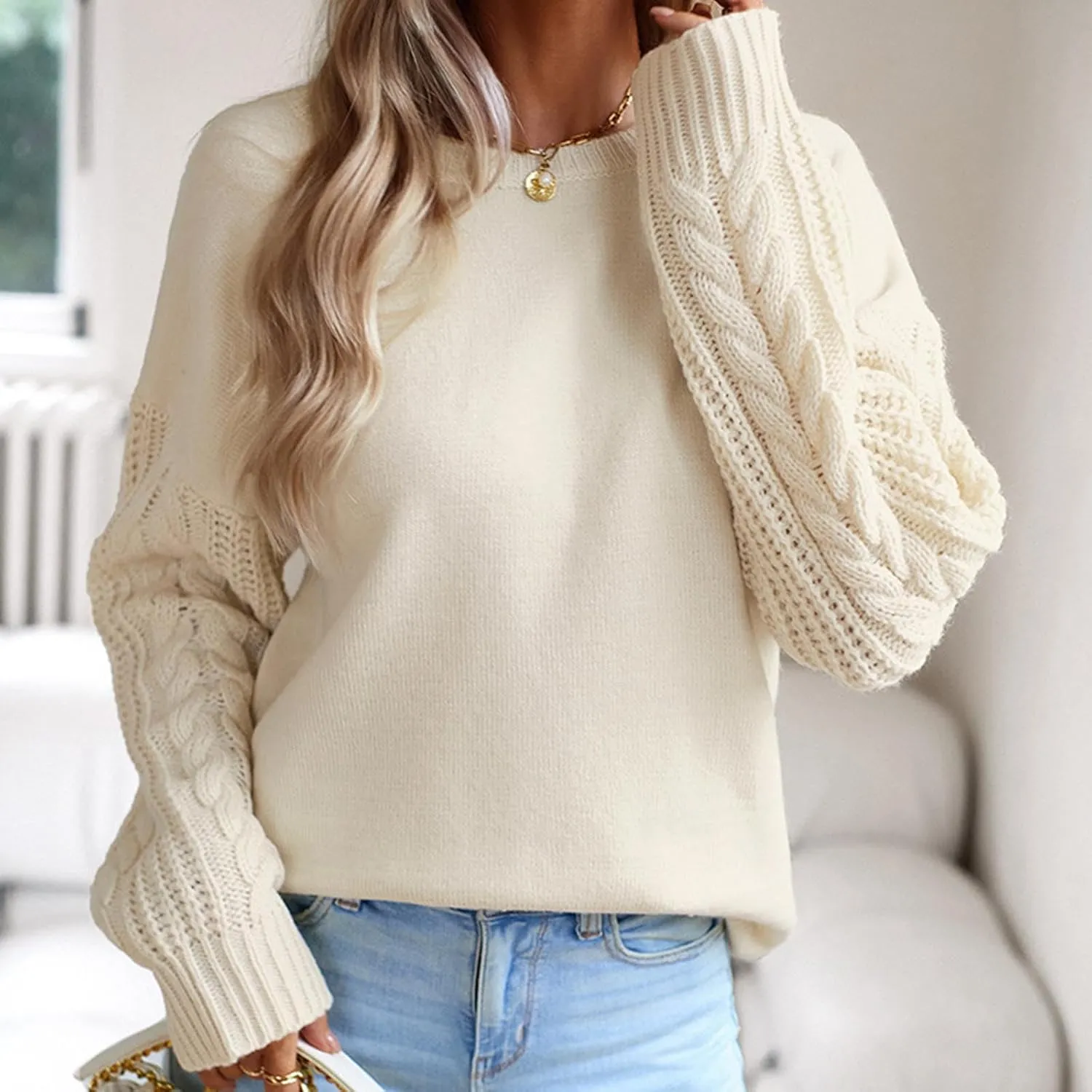Women's Long Sleeve Crew Neck Sweater Solid Color Cable Knit Chunky Casual Oversized 2024 Fall Pullover Sweater Tops