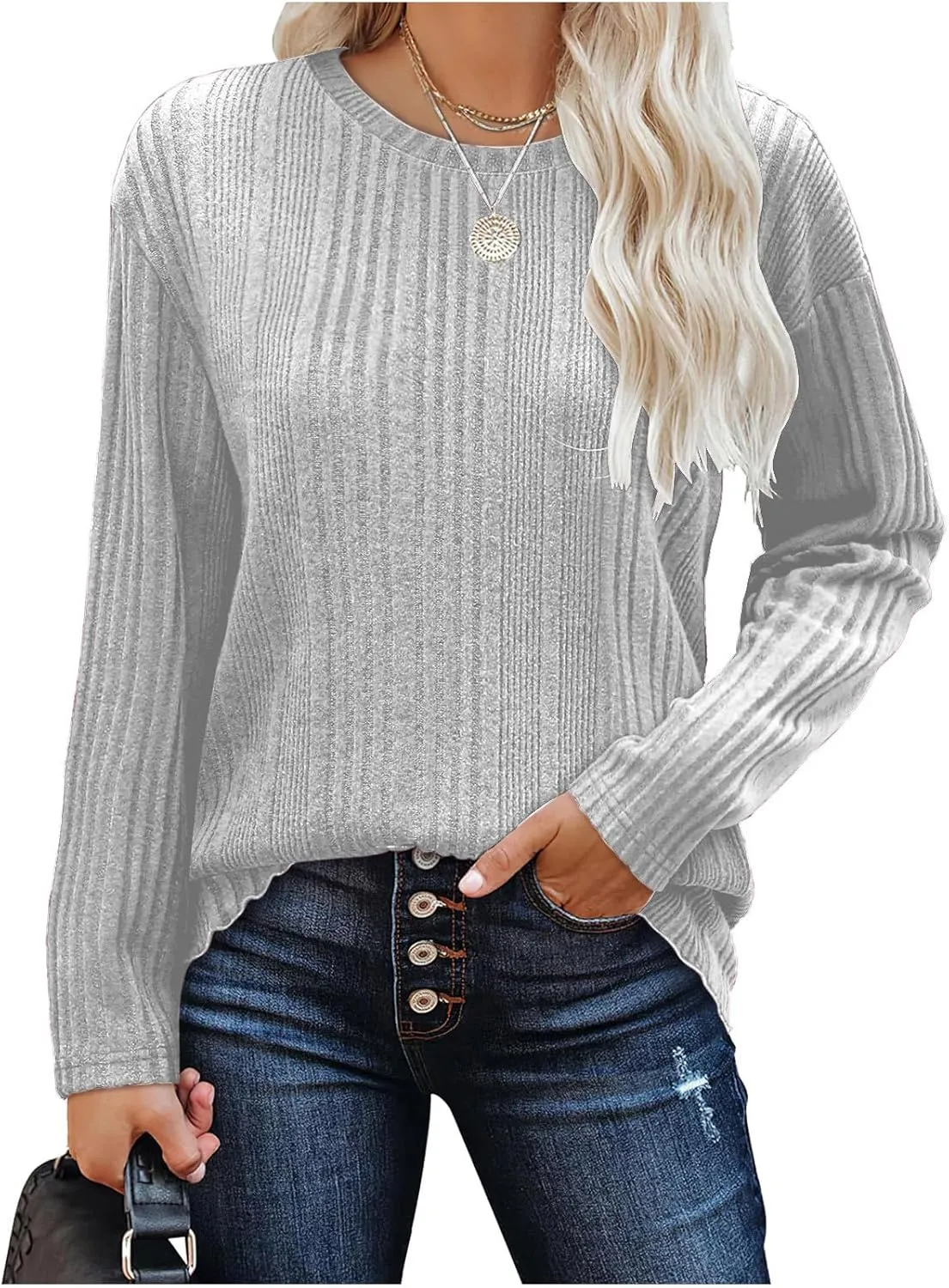 Women's Long Sleeve Tops Crewneck Pullover Sweater Basic Casual Solid Color Tops Fall Soft Drop Shoulder Sweater
