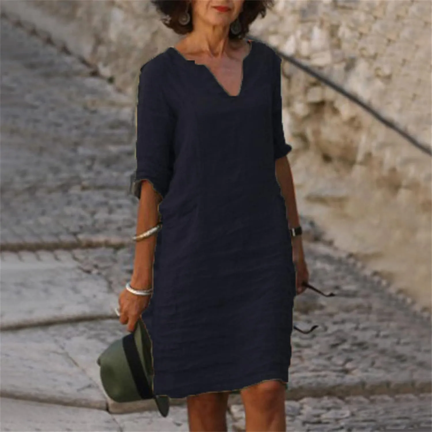 Women's Midi Shirt Dress Casual Cotton Linen Button Down Dresses Summer Half Sleeve V Neck Knee Length Clothes