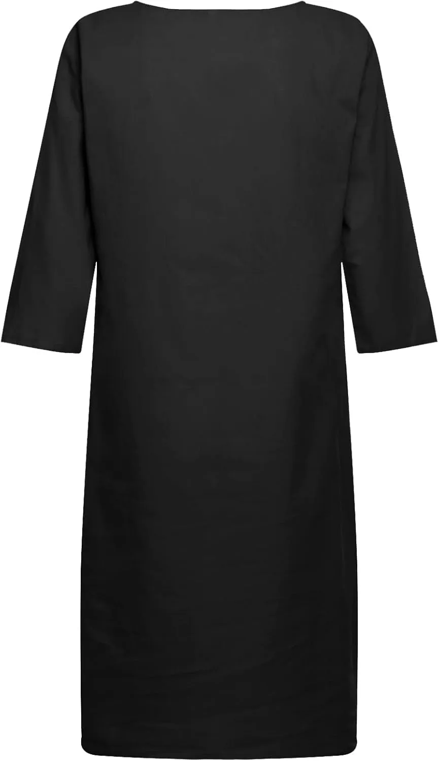 Women's Midi Shirt Dress Casual Cotton Linen Button Down Dresses Summer Half Sleeve V Neck Knee Length Clothes