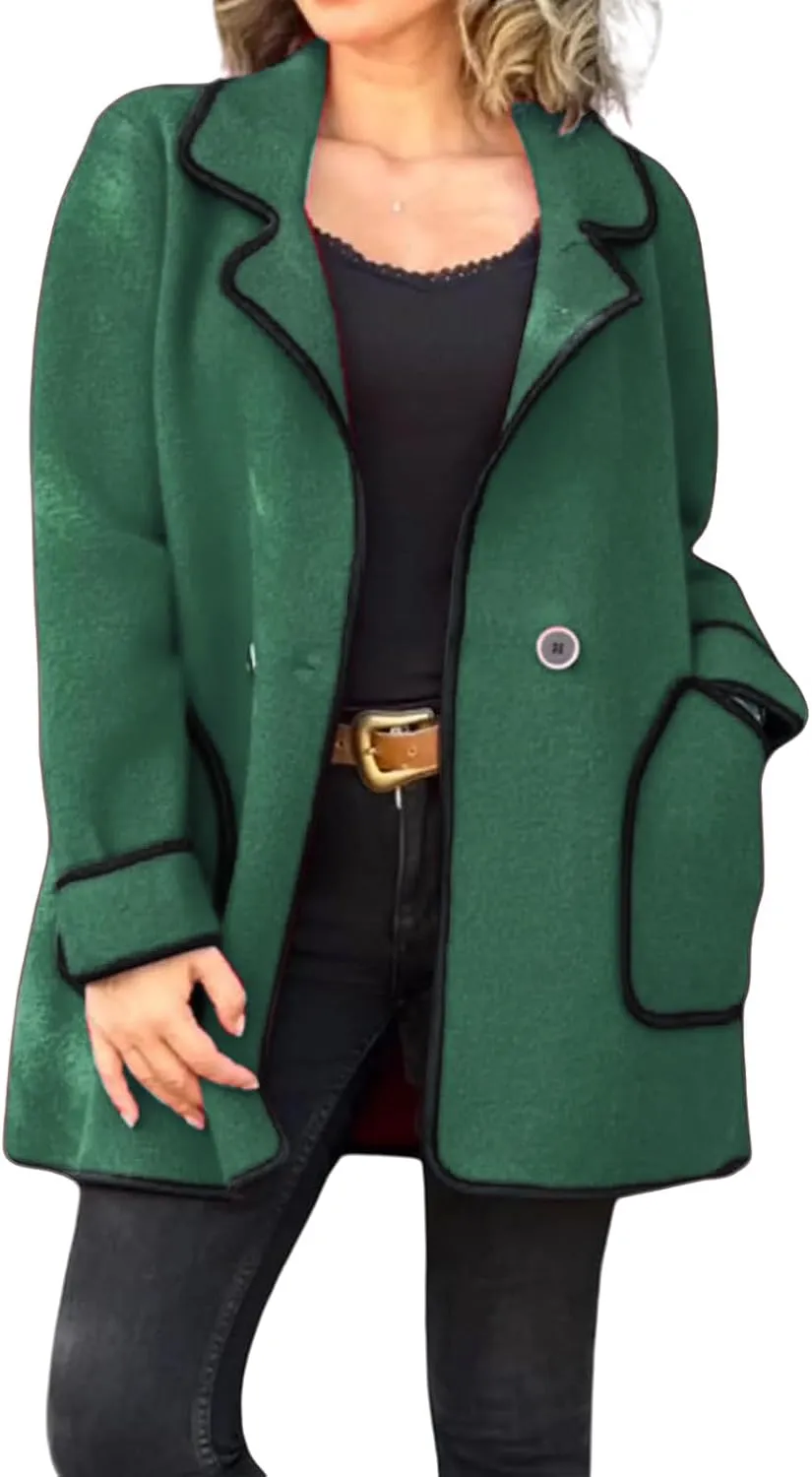 Women's Notch Lapel Coats Casual Button Down Trench Coats Double Breasted Cropped Blend Pea Coat Overcoat