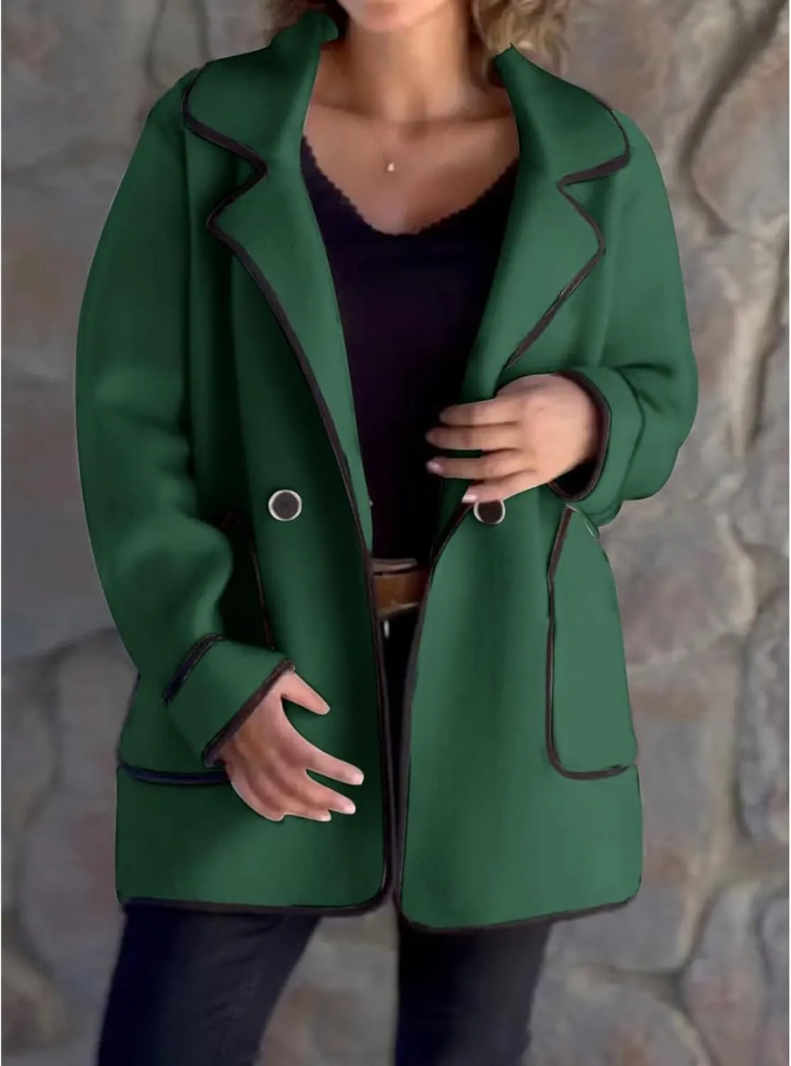 Women's Notch Lapel Coats Casual Button Down Trench Coats Double Breasted Cropped Blend Pea Coat Overcoat