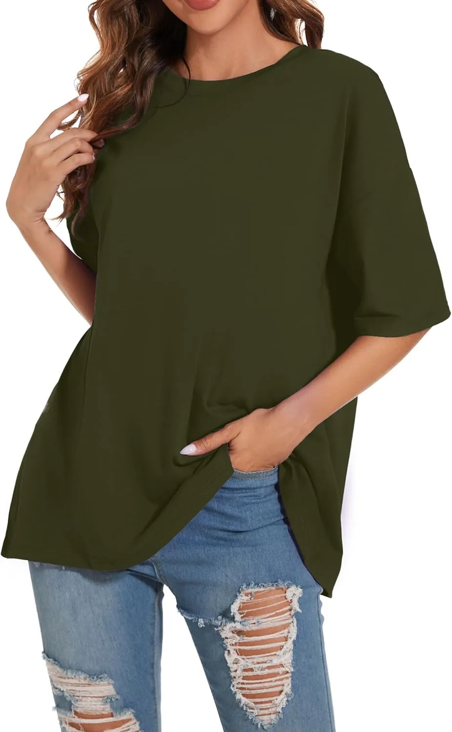 Women's Oversized T Shirts Round Neck Striped Tees Summer Half Sleeve Casual Comfy Cozy Cotton Tunic Tops