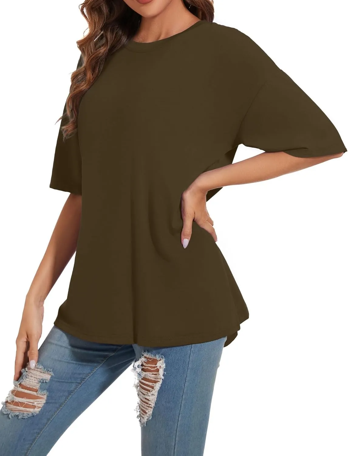 Women's Oversized T Shirts Round Neck Striped Tees Summer Half Sleeve Casual Comfy Cozy Cotton Tunic Tops