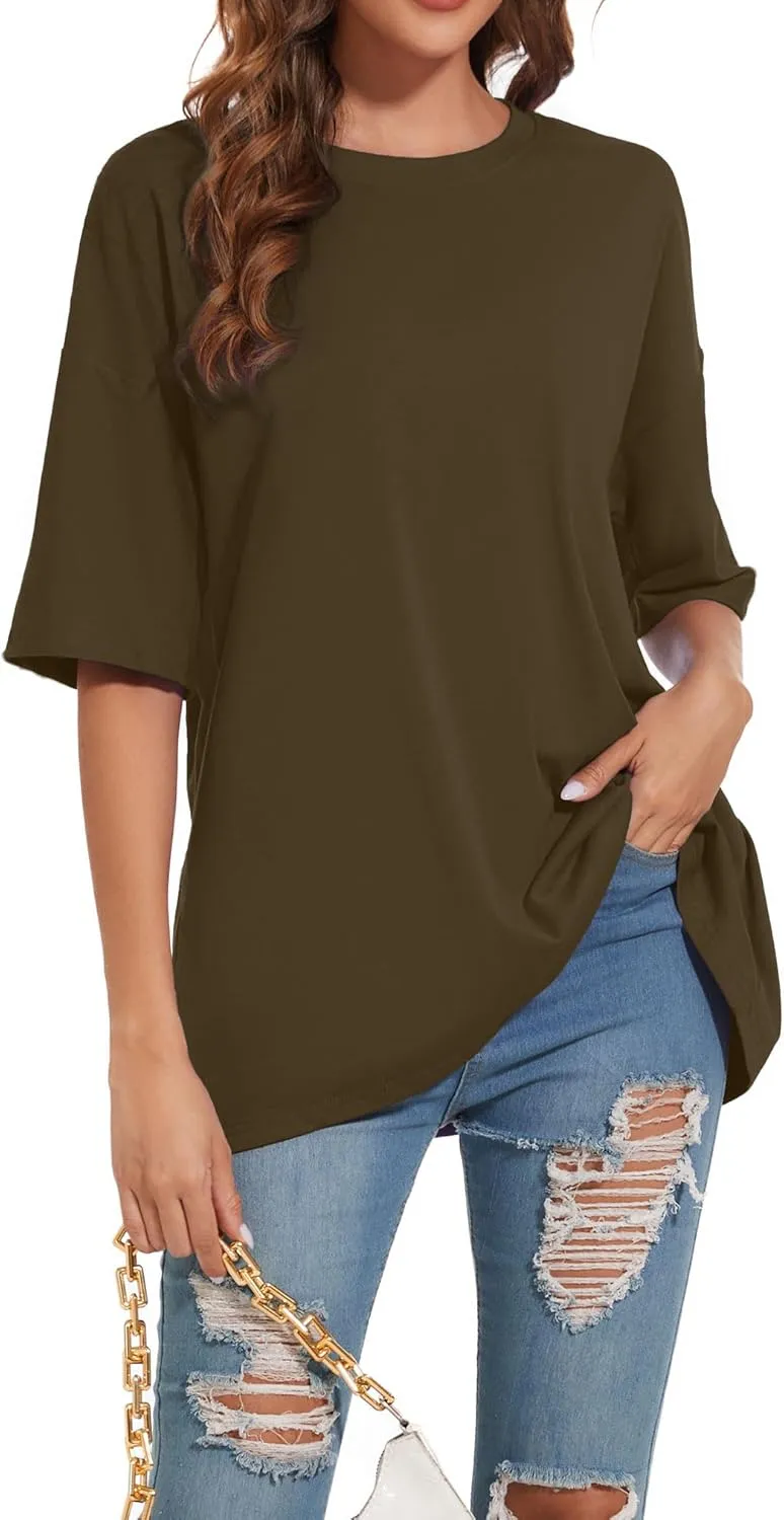 Women's Oversized T Shirts Round Neck Striped Tees Summer Half Sleeve Casual Comfy Cozy Cotton Tunic Tops