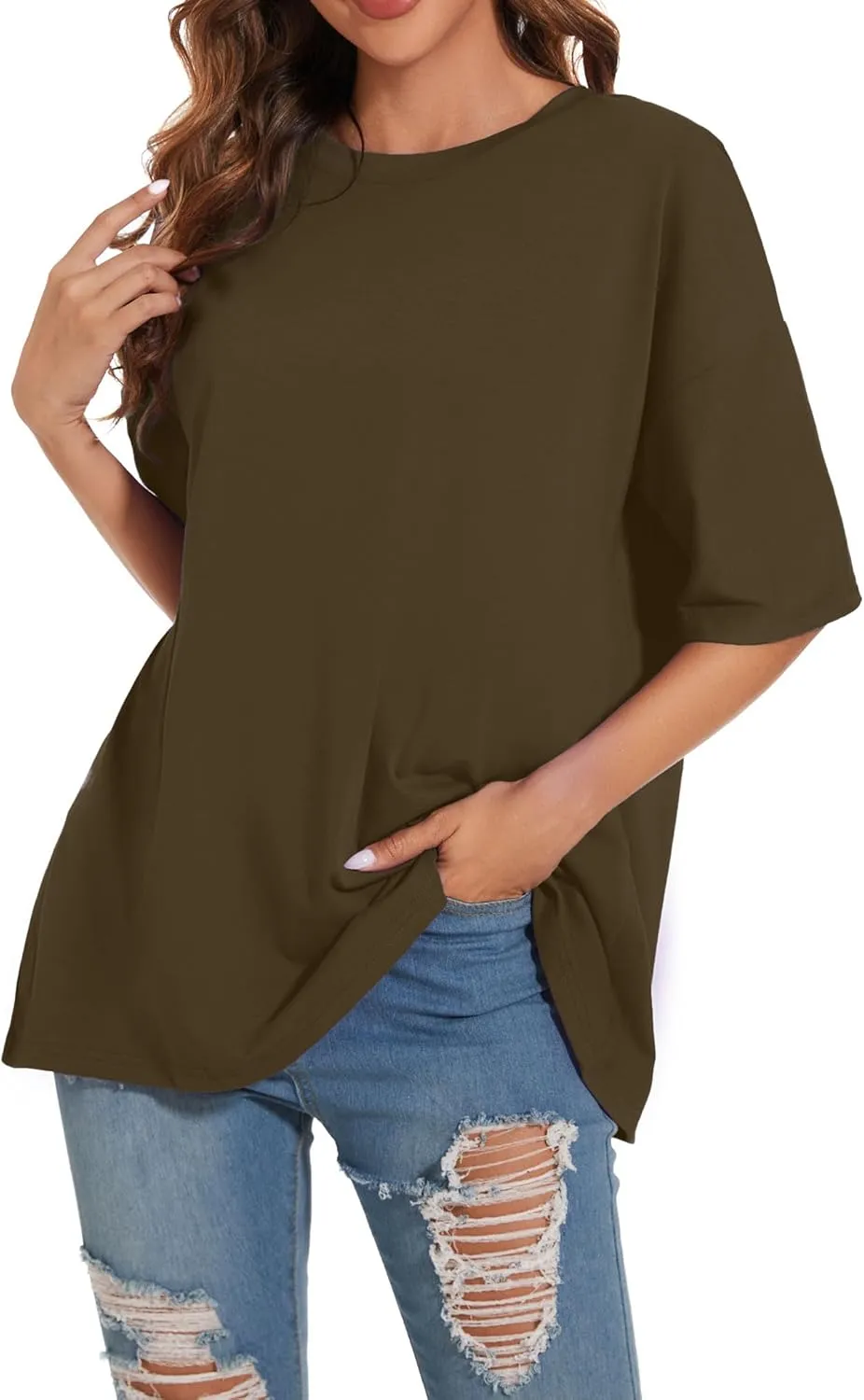 Women's Oversized T Shirts Round Neck Striped Tees Summer Half Sleeve Casual Comfy Cozy Cotton Tunic Tops