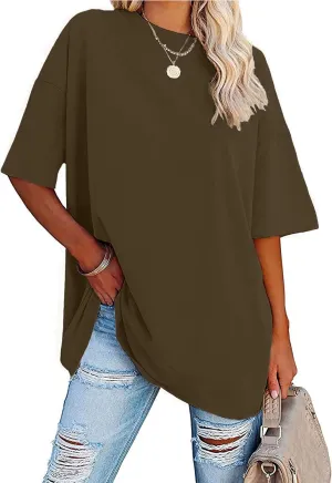 Women's Oversized T Shirts Round Neck Striped Tees Summer Half Sleeve Casual Comfy Cozy Cotton Tunic Tops
