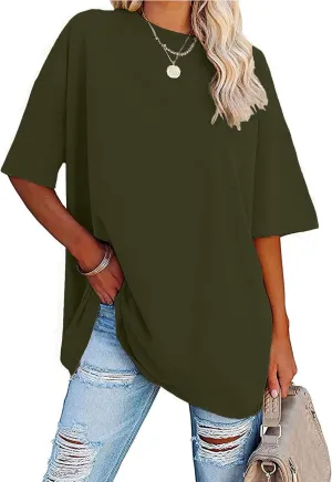 Women's Oversized T Shirts Round Neck Striped Tees Summer Half Sleeve Casual Comfy Cozy Cotton Tunic Tops