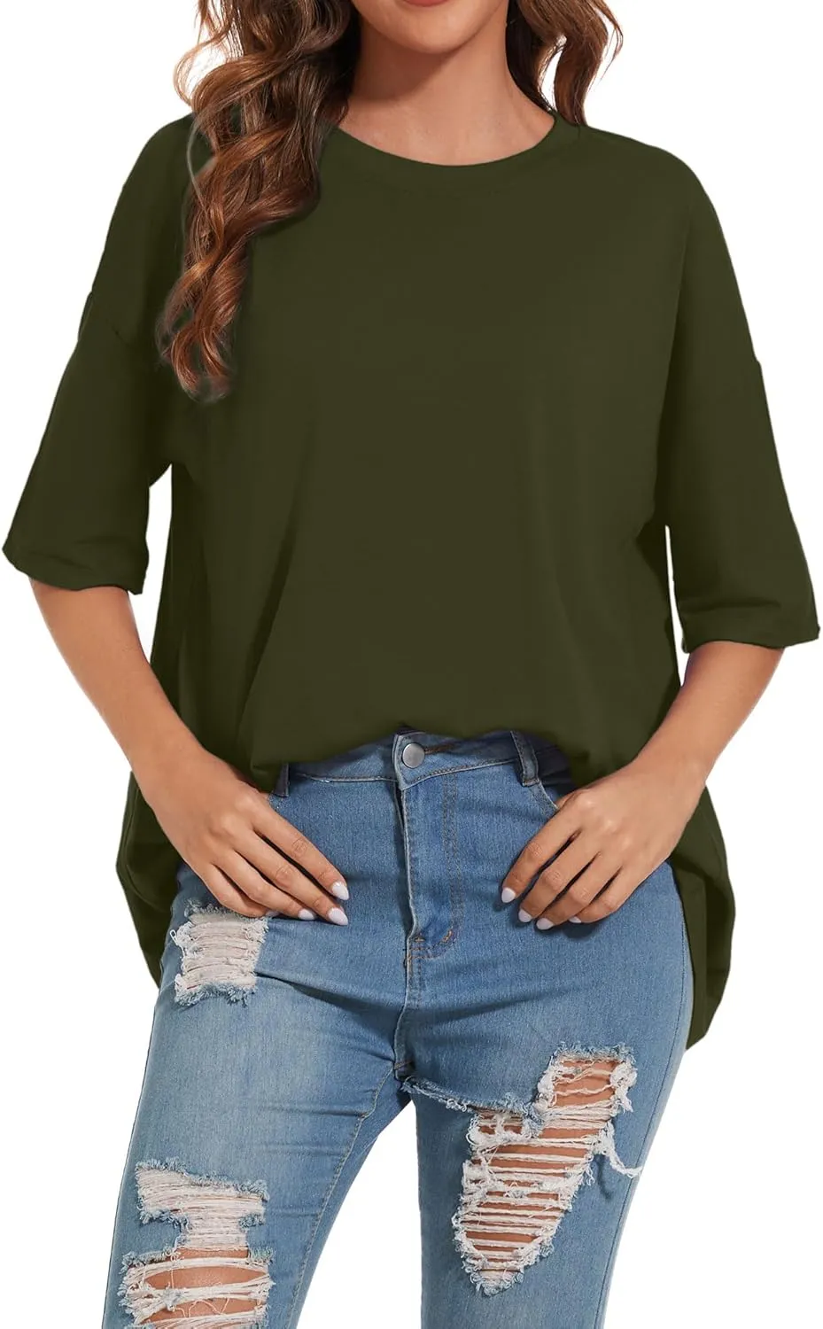 Women's Oversized T Shirts Round Neck Striped Tees Summer Half Sleeve Casual Comfy Cozy Cotton Tunic Tops