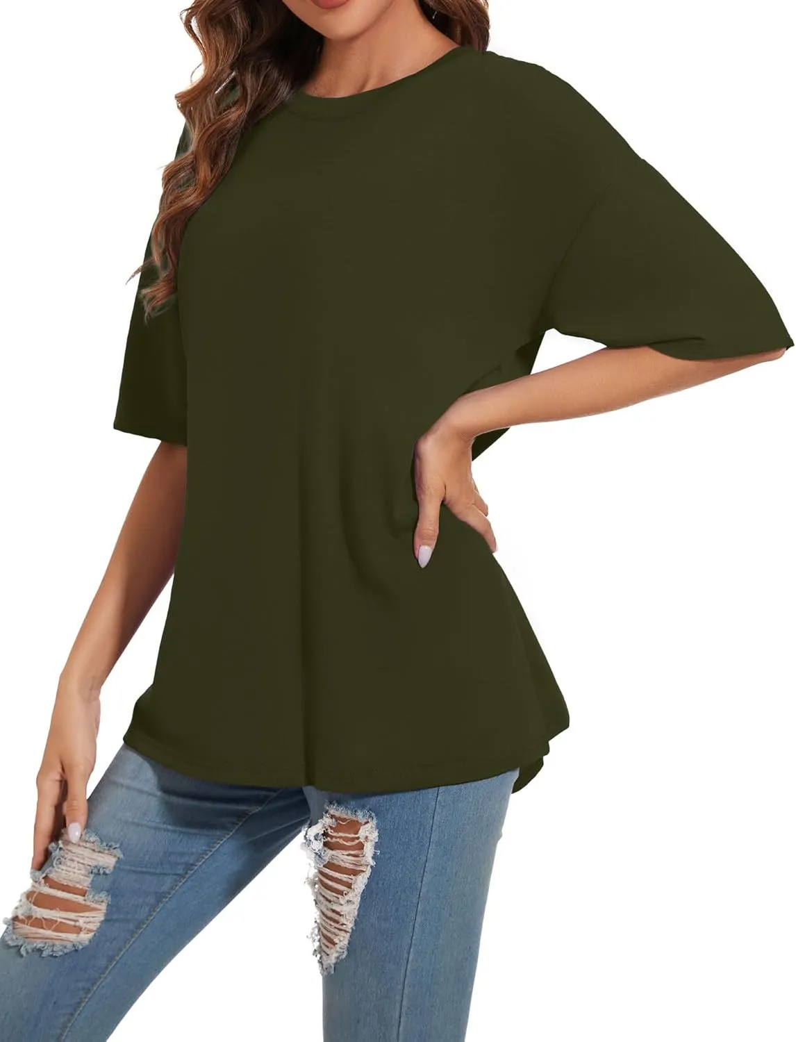 Women's Oversized T Shirts Round Neck Striped Tees Summer Half Sleeve Casual Comfy Cozy Cotton Tunic Tops