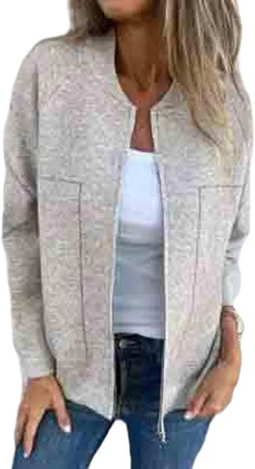 Womens Pea Coat Zip Up Long Sleeve Coat Crew Neck Wool Blend Jacket Open Front Cardigan Outerwear with Pockets