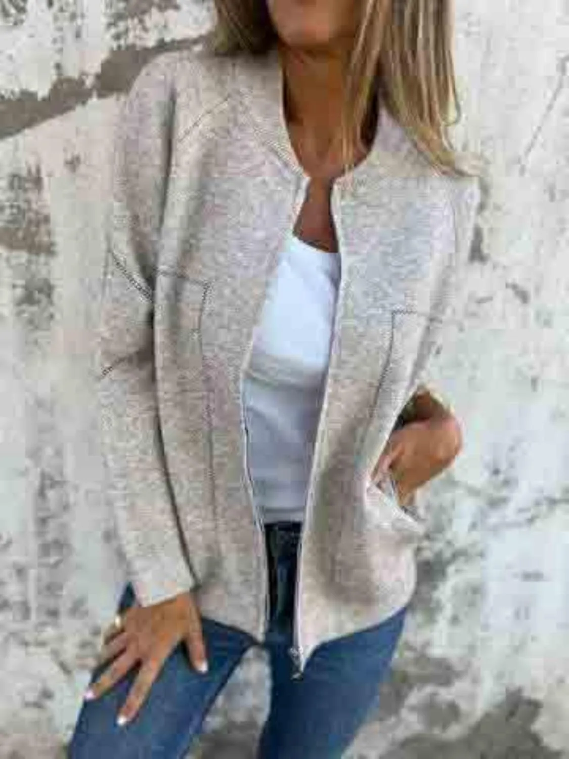 Womens Pea Coat Zip Up Long Sleeve Coat Crew Neck Wool Blend Jacket Open Front Cardigan Outerwear with Pockets