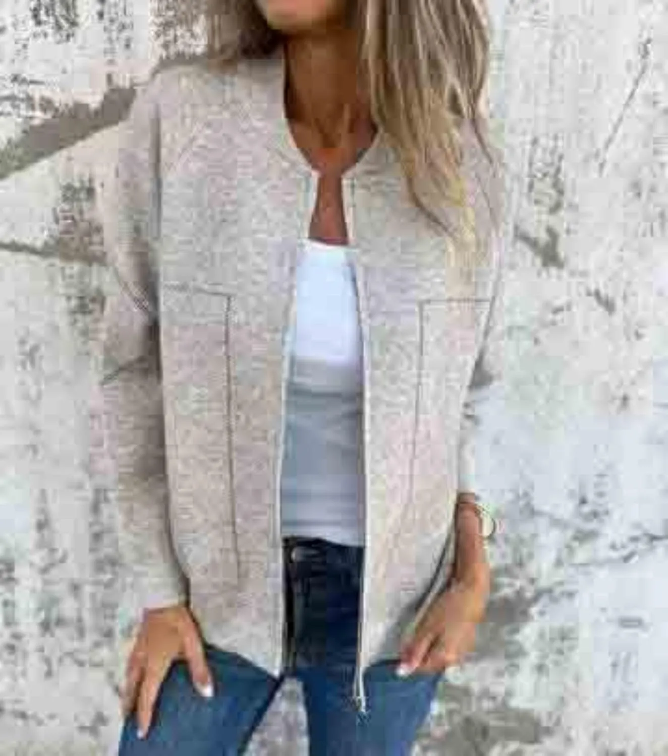 Womens Pea Coat Zip Up Long Sleeve Coat Crew Neck Wool Blend Jacket Open Front Cardigan Outerwear with Pockets