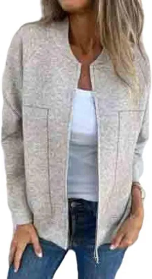 Womens Pea Coat Zip Up Long Sleeve Coat Crew Neck Wool Blend Jacket Open Front Cardigan Outerwear with Pockets