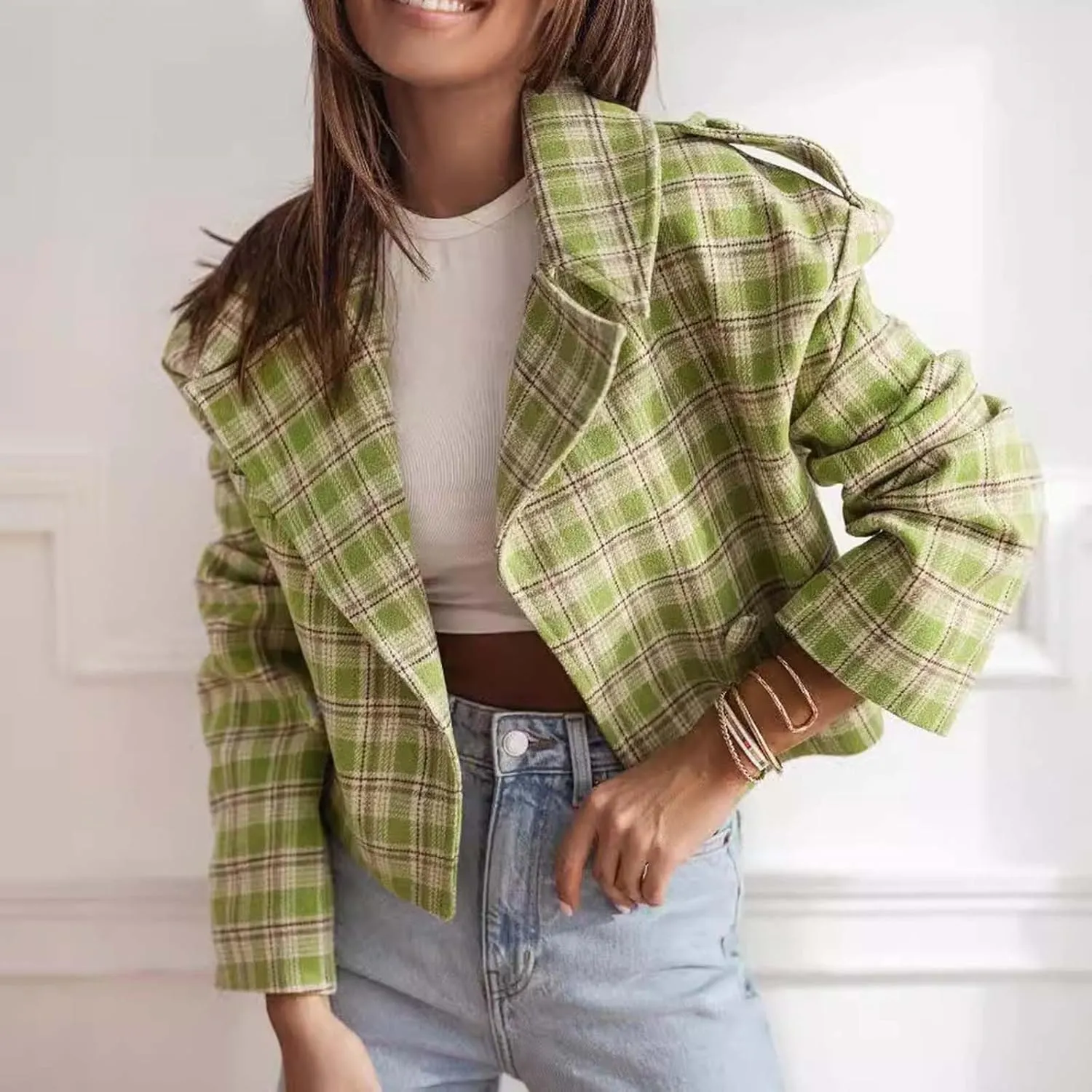 Women's Plaid Lapel Double Breasted Wool Blend Coat Business Blazer Jackets 2024 Fall Winter Trendy Cropped Pea Coats