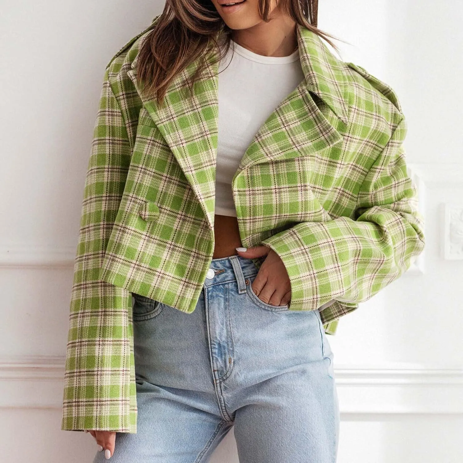 Women's Plaid Lapel Double Breasted Wool Blend Coat Business Blazer Jackets 2024 Fall Winter Trendy Cropped Pea Coats