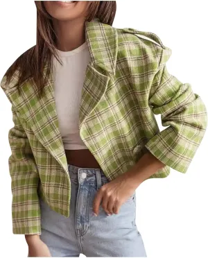 Women's Plaid Lapel Double Breasted Wool Blend Coat Business Blazer Jackets 2024 Fall Winter Trendy Cropped Pea Coats