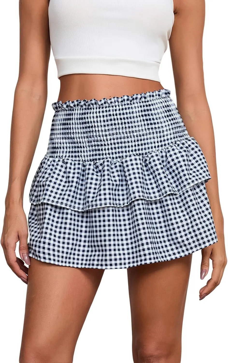 Womens Plaid Mini Skirt Unisex Men Sissy Pleated Lace A Line Ruffle Tiered Short Skirts Halloween Costume Cosplay