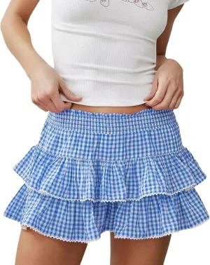 Womens Plaid Mini Skirt Unisex Men Sissy Pleated Lace A Line Ruffle Tiered Short Skirts Halloween Costume Cosplay