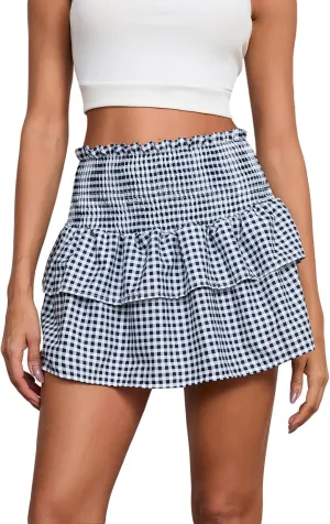 Womens Plaid Mini Skirt Unisex Men Sissy Pleated Lace A Line Ruffle Tiered Short Skirts Halloween Costume Cosplay