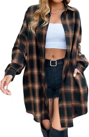 Womens Plaid Shacket Jacket Long Sleeve Button Down Shirt Oversized Lightweight Boyfriend Jacket Fall Fashion Coat