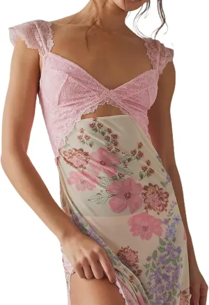 Women's Printed Backless Bodycon Maxi Dress Sleeveless Lace Patchwork Dress Y2K Spaghetti Strap Long Dress