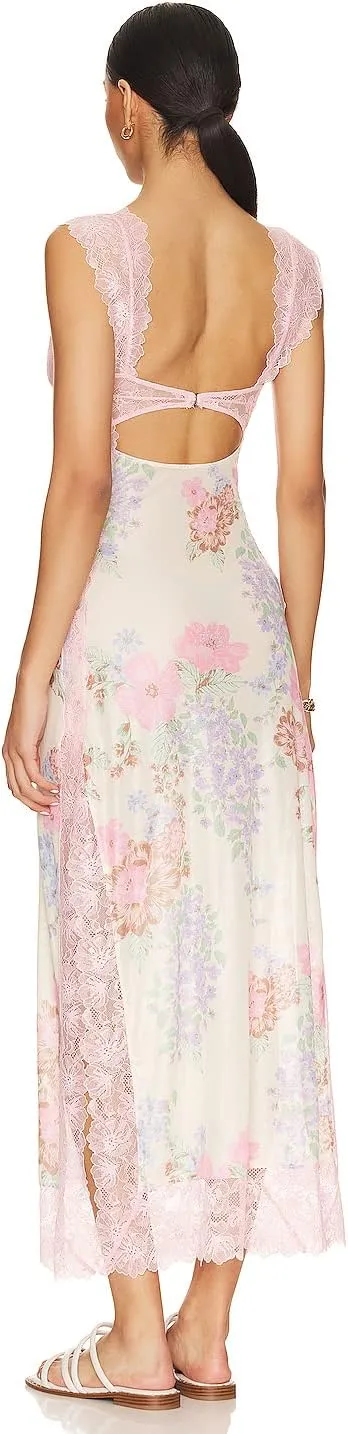 Women's Printed Backless Bodycon Maxi Dress Sleeveless Lace Patchwork Dress Y2K Spaghetti Strap Long Dress