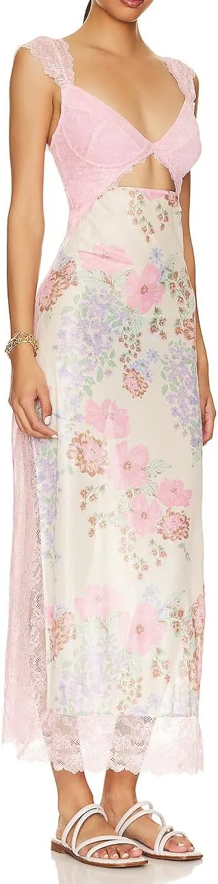 Women's Printed Backless Bodycon Maxi Dress Sleeveless Lace Patchwork Dress Y2K Spaghetti Strap Long Dress