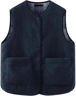 Womens Reversible Plaid Sherpa Vest Fuzzy Fleece Jacket Lightweight Cozy Sleeveless Cardigan Button Up Waistcoat Gilet