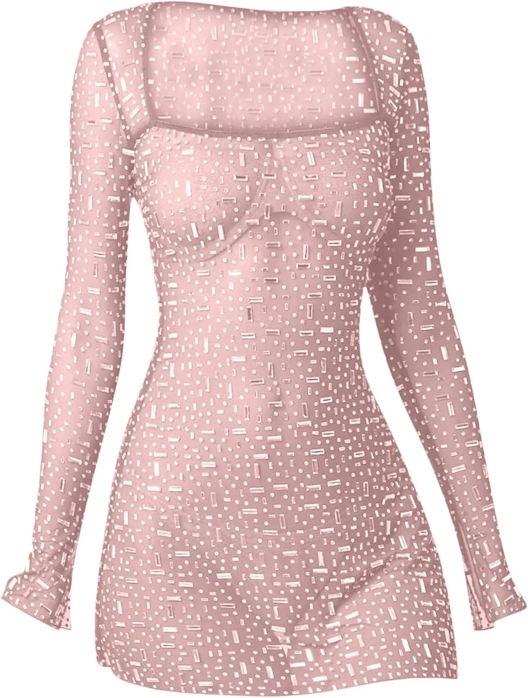 Womens Rhinestone Lingerie Square Neck Long Sleeve Lingerie Bodycon Dress Sexy Mesh Babydoll Chemise Lace Nightgowns