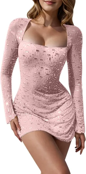 Womens Rhinestone Lingerie Square Neck Long Sleeve Lingerie Bodycon Dress Sexy Mesh Babydoll Chemise Lace Nightgowns