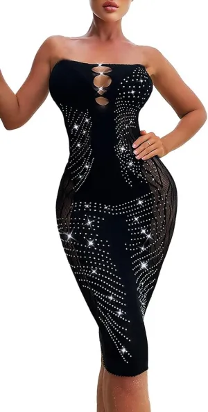 Women's Rhinestone Studded Mesh Lingerie Bandeau Dress Cut Out Fishnet Sequin Bodycon Dress Club Wear Party Dress