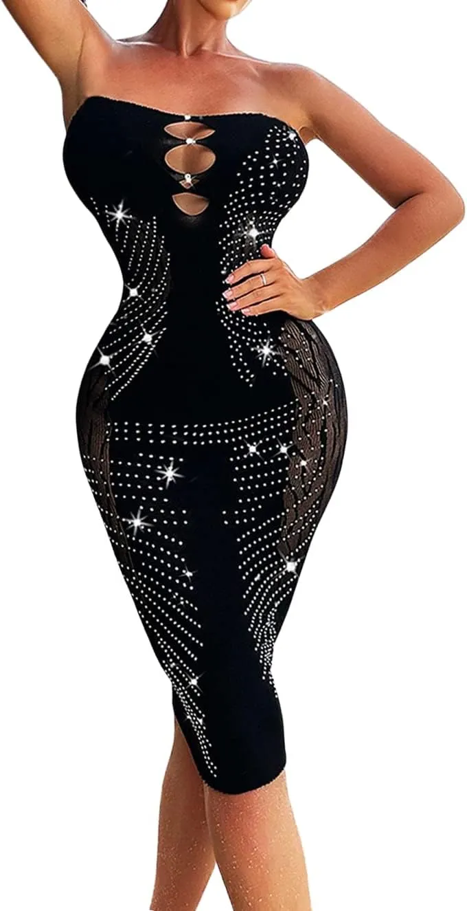 Women's Rhinestone Studded Mesh Lingerie Bandeau Dress Cut Out Fishnet Sequin Bodycon Dress Club Wear Party Dress