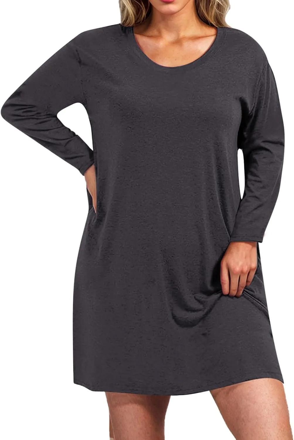 Womens Round Neck Long Sleeve Mini Dress Casual Loose Fit Shift Dress Nightgown Soft Sleep Dress Plus Size Sleepwear