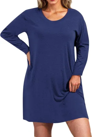 Womens Round Neck Long Sleeve Mini Dress Casual Loose Fit Shift Dress Nightgown Soft Sleep Dress Plus Size Sleepwear