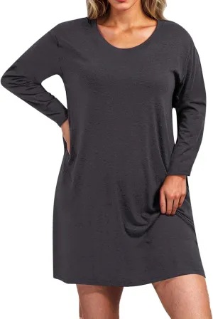 Womens Round Neck Long Sleeve Mini Dress Casual Loose Fit Shift Dress Nightgown Soft Sleep Dress Plus Size Sleepwear