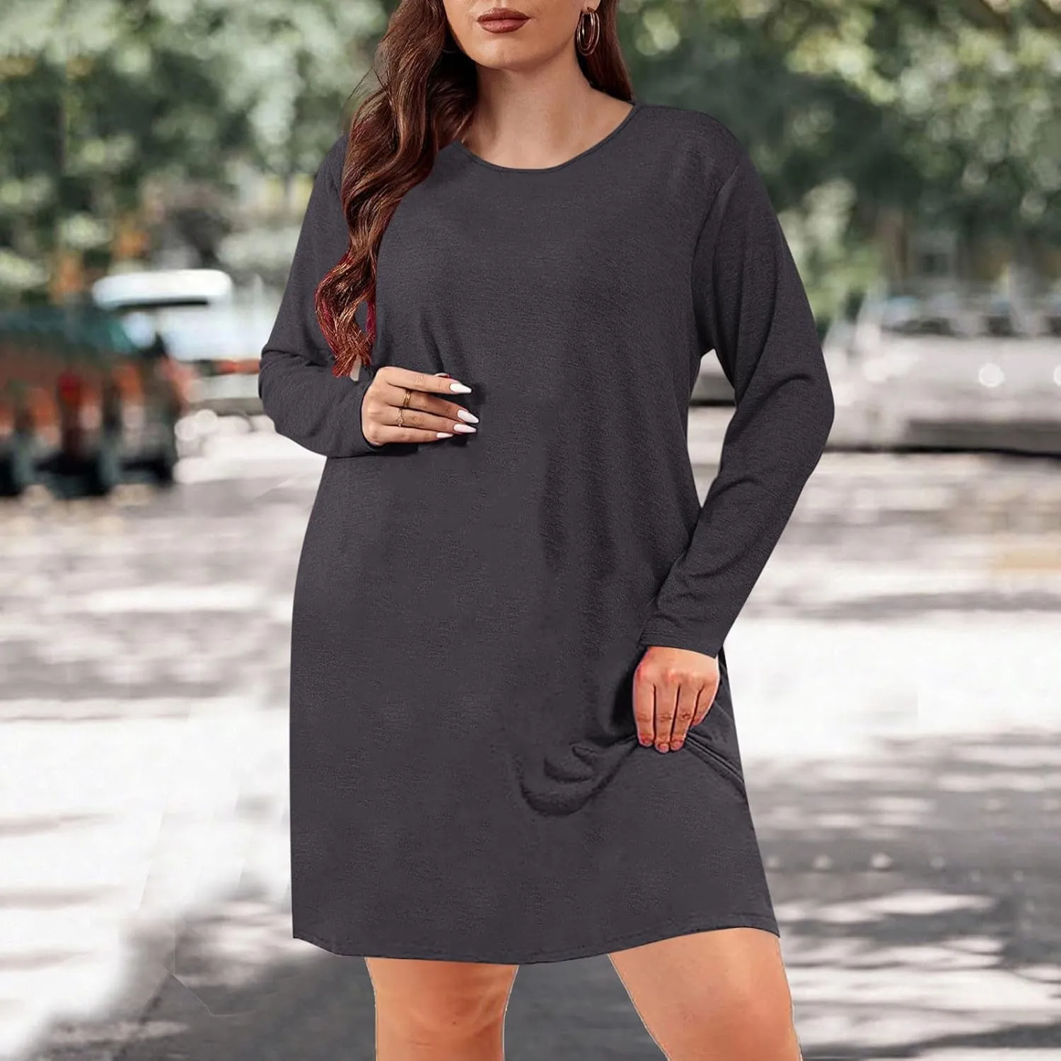 Womens Round Neck Long Sleeve Mini Dress Casual Loose Fit Shift Dress Nightgown Soft Sleep Dress Plus Size Sleepwear