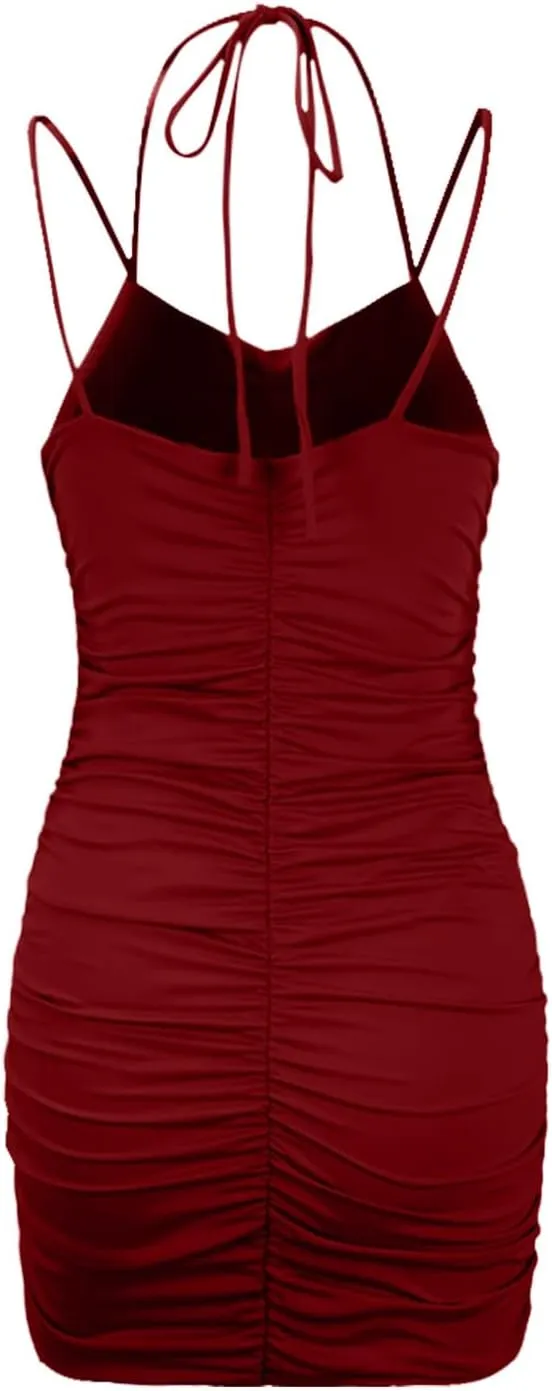 Women's Ruched Bodycon Mini Dress Sexy Summer Spaghetti Strap Party Club Dresses Clubwear Slim Sundress