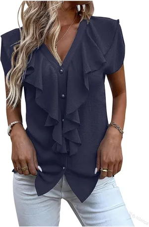Womens Ruffle V Neck Tops Button Front Dressy Blouses Flutter Sleeve Shirts Casual Stylish Summer Workwear Tunic Tops
