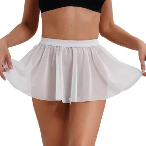 Women's Sheer Mesh Mini Skirts Elastic Waistband Pleated Skater Sexy See-through Ruffle Skirts