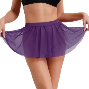 Women's Sheer Mesh Mini Skirts Elastic Waistband Pleated Skater Sexy See-through Ruffle Skirts